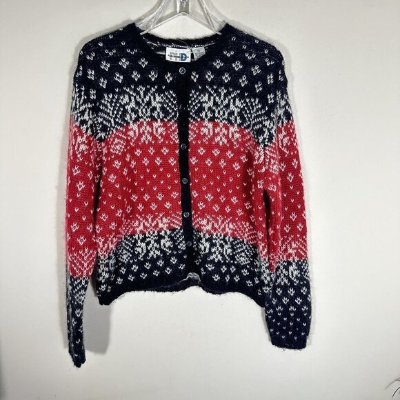 VTG Paul Harris Design Mohair Fair Isle Birds Eye Sweater Cardigan Black Red M - Picture 1 of 6